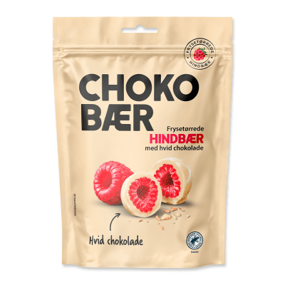 Zoom bild av Beige påse Chokobaer med frysetorkade hallon i vit choklad, varumärket Nordthy, Rainforest Alliance-märkt