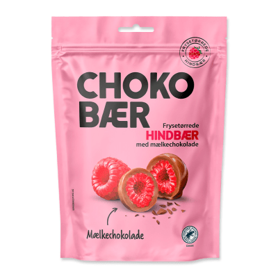 Zoom bild av Rosa påse med Chokobær frysetorkade hallon med mjölkchoklad, 80g, med produktbild av chokladtäckta hallon