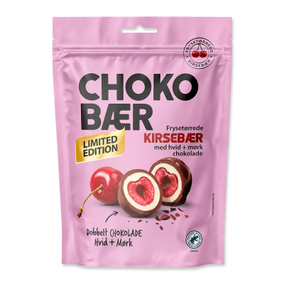 Zoom bild av Rosa påse Chokobær Limited Edition med frysetorkade körsbär i vit och mörk choklad, Nordthy 10x80g