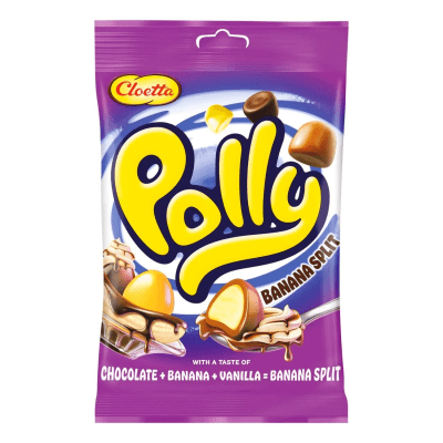 Polly Banana Split 100g – skumgodis med choklad och fruktsmak i 20-pack.