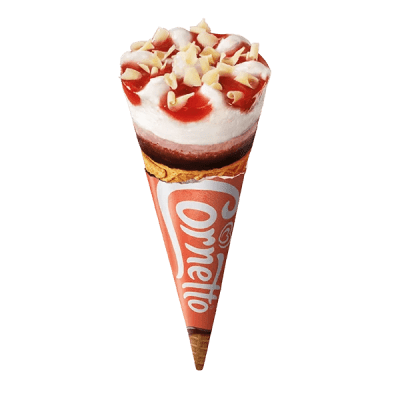 Cornetto Strawberry 125 ml – vaniljglass och jordgubbssorbet i våffelstrut med jordgubbssås och vita chokladbitar