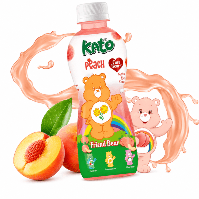 Zoom bild av Persikofärgad flaska Kato Care Bears Peach 320ml med Friend Bear-motiv, omgiven av persika och rosa stänk