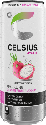 Zoom bild av Celsius Live Fit Dragon Fruit 250ml sockerfri energidryck i slim-burk med drakfruktsmotiv och Limited Edition-märkning