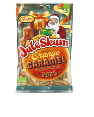 Zoom bild av Juleskum Orange Caramel 100g – skumgodis med apelsin och karamell i 24-pack.