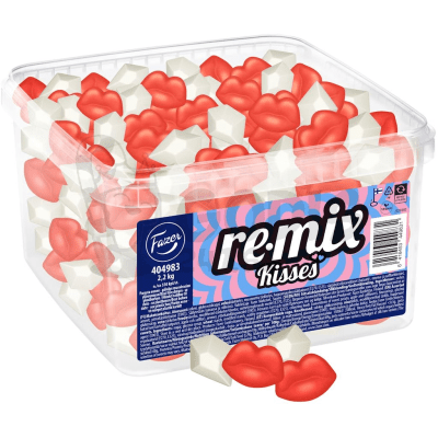 Zoom bild av Fazer Remix Kisses 2,2 kg stor plastburk med rött läpp- och vitt diamantformat veganskt fruktgodis