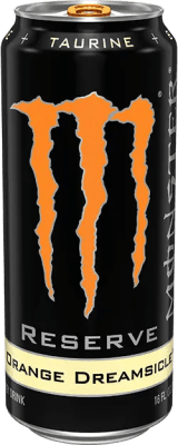 Zoom bild av Svart Monster Energy-burk med orange M-logotyp, Reserve Orange Dreamsicle, 500 ml, med taurin-märkning på toppen