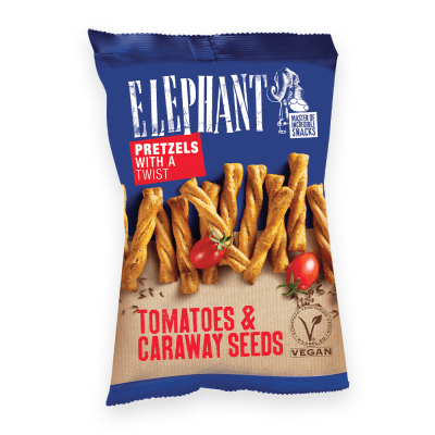 Zoom bild av Elephant Pretzels Twisted Tomatoes & Caraway Seeds, blå förpackning med vridna pretzelstavar och körsbärstomater, vegansk certif