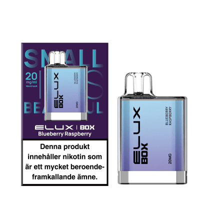 Zoom bild av Elux Box Blueberry Raspberry 20mg – engångsvape med smak av blåbär och hallon, kompakt och färdig att använda.