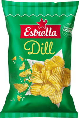 Zoom bild av Grön påse Estrella Dill Chips med räfflade potatischips kryddade med dill, märkt med Garanterat Krispig-logotyp