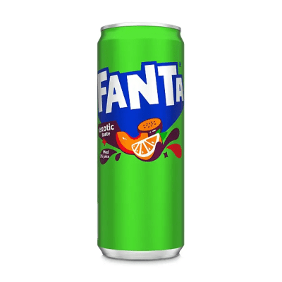 Zoom bild av Grön Fanta Exotic 33cl burk med tropisk design och texten Exotic Taste med fruktmotiv på förpackningen