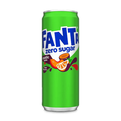 Zoom bild av Fanta Zero Exotic 33cl sleek-burk i grönt med tropisk fruktillustration av apelsin och exotiska frukter