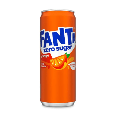 Zoom bild av Orange burk med Fanta Zero Sugar Orange 33cl med apelsinmotiv och texten med 4% juice