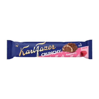 Karl Fazer Crunchy Hallon 50g – mjölkchoklad med hallon och krisp i 20-pack.