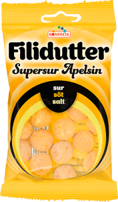 Filidutter Supersur Apelsin 65g – Hårda karameller med intensivt syrlig apelsinsmak