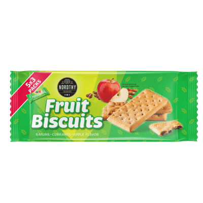 Zoom bild av Nordthy Fruit Biscuits Apple i grön förpackning med 5x3 portionspåsar, med rosiner, vinbär och äppelsmak, 218g