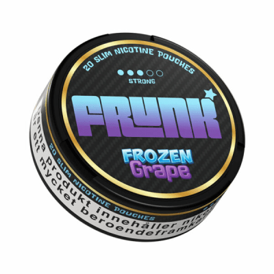 🖋️ Alt-text (bildbeskrivning) Frunk Slim Frozen Grape – tobaksfria nikotinpåsar med druvsmak i 10-pack.