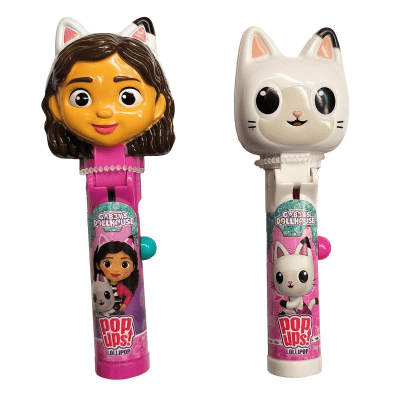 Zoom bild av Gabbys Dollhouse Pop Ups Lollipop med figur-hållare föreställande Gabby och Pandy Paws, två enheter visas