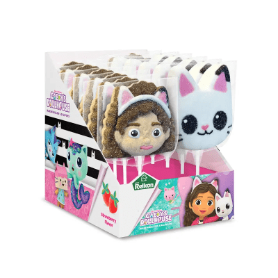 Gabby’s Dollhouse Marshmallow Lollipop 12x45g – färgglada marshmallowklubbor för kiosker och livsmedelsbutiker