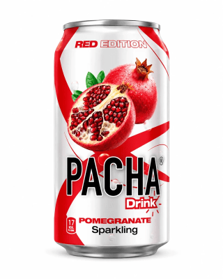 Zoom bild av Pacha Drink Pomegranate Red Edition 330ml burk med granatäpple och röd design på vit bakgrund