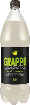 Zoom bild av Grappo Grapefruit Tonic 1,4L plastflaska med svart och grön etikett, törstsläckare och mixer med grapefruktssmak