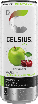 Zoom bild av Celsius Live Fit Sparkling Green Apple Cherry energidryck 250ml burk med grönt äpple och körsbär på förpackningen