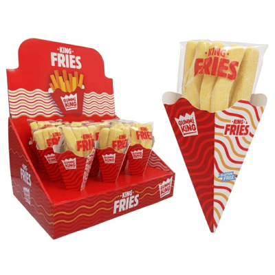 Zoom bild av Gummi King King Fries 9x80g displaybox med konformade förpackningar fyllda med gummigodis i pommes frites-form