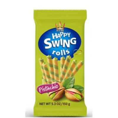 Happy Swing Pistachio 150g – våffelrullar med pistagefyllning, grossistförpackning 16 st