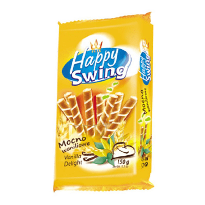 Happy Swing Vanilla 150g – Frasiga våffelrullar med vaniljfyllning