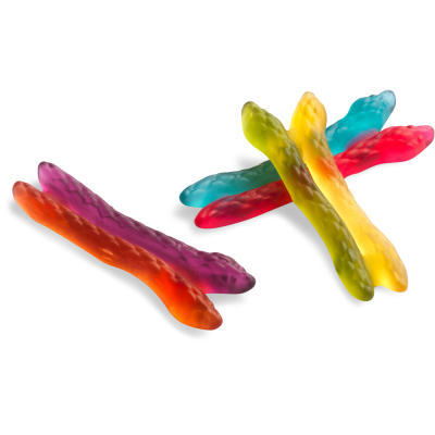 Zoom bild av Haribo Twin Snakes geléormar i flera färger parade två och två, söta och syrliga smaker, lösvikt 1kg