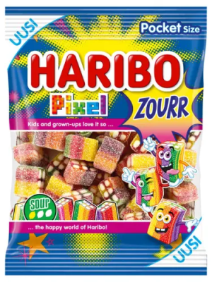 Haribo Pixel Zourr 22x80g påse – syrligt fruktgodis för kiosker och butiker