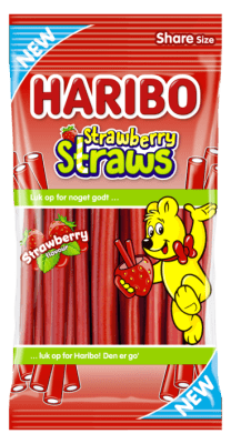 Haribo Strawberry Straws 21x80g – mjuka jordgubbsstänger med söt fyllning, klassiskt godis från Haribo perfekt för kiosker, buti