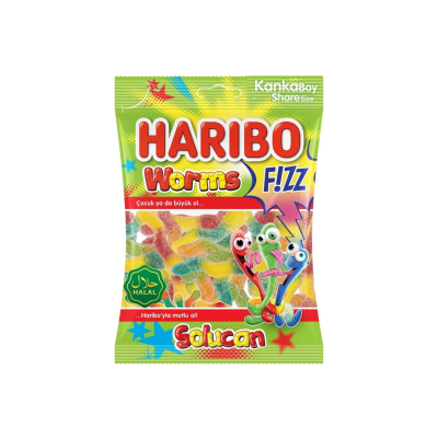 Zoom bild av Haribo Worms Fizz 30x80g Halal – färgglada och syrliga geléormar i Halal-version, perfekt för kiosker, butiker och grossistförsä
