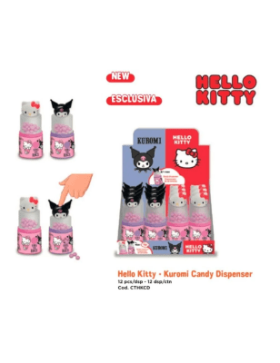 Zoom bild av Hello Kitty och Kuromi Candy Dispenser i rosa och lila, display med 12 enheter à 15g, godisbehållare med Sanrio-karaktärer som l
