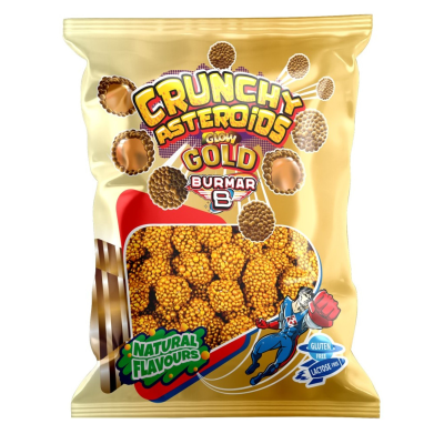 Zoom bild av Guldpåse med Burmar Crunchy Asteroids Glow Gold godis, märkt glutenfritt och laktosfritt med naturliga aromer