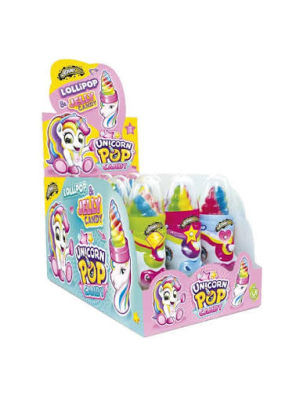 Zoom bild av Displaybox med JB Unicorn Pop Candy 12x50g från Johny Bee, färgglada klubbor med gelégodis i unicorn-förpackningar