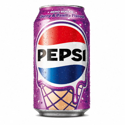Zoom bild av Pepsi Zero Cherry Vanilla 33cl burk med lila design och glass-motiv, sockerfri läsk med körsbärs- och vaniljsmak