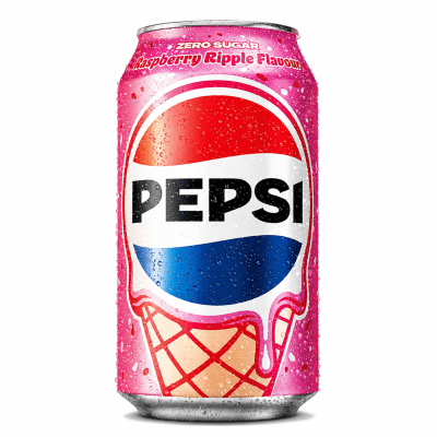 Zoom bild av Rosa Pepsi Zero burk 33cl med Raspberry Ripple-smak och glassstruturmönster mot vit bakgrund