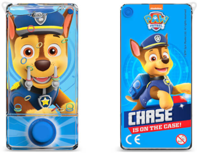 Zoom bild av Paw Patrol Candies With Water Bubbles framsida och baksida med Chase-figuren, blå förpackning med PAW Patrol-logotyp och texten