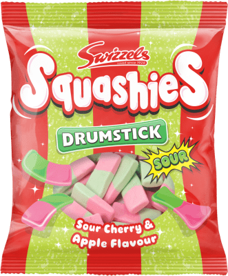 Zoom bild av Påse med Swizzels Squashies Drumstick Sour Cherry & Apple, röd och grön förpackning med mjuka syrliga godisar