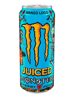 Zoom bild av Monster Juiced Mango Loco 500ml burk med turkos design och Día de los Muertos-motiv