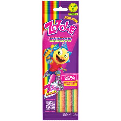 Zoom bild av Zozole Rainbow Jellies 75g förpackning med regnbågsfärgade geléstavar, veganskt godis med 25% fruktjuice från Mieszko Polen
