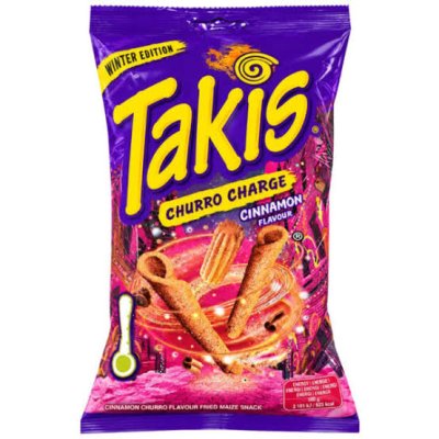 Zoom bild av Lila påse Takis Churro Charge Cinnamon Flavour Winter Edition 100g med rullade majschips och kanel-churro-motiv