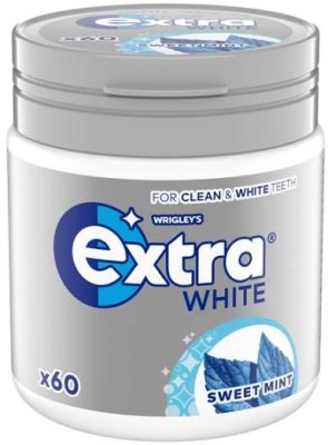 Zoom bild av Wrigley's Extra White Sweet Mint tuggummiburk 84g med 60 bitar, vit och grå förpackning med mintmotiv