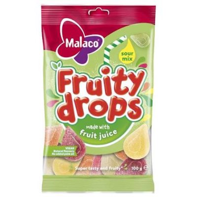 Zoom bild av Malaco Fruity Drops Sour Mix 100g påse med syrligt fruktgodis i grönt och rosa förpackning