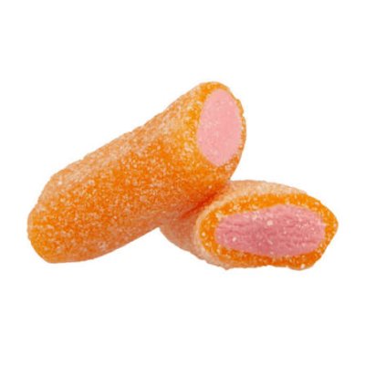 Zoom bild av Närbild på sursockrade Mini Dynamit-godisar med persiksmak, orange utsida och rosa mjukt inre, skurna på mitten