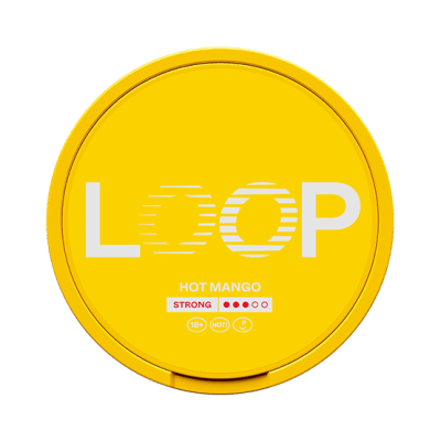 Loop Hot Mango Strong 10-pack – Tobaksfria nikotinpåsar med smak av söt mango och mild chili i orange förpackning.