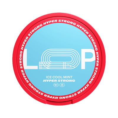 Loop Ice Cool Mint Hyper Strong 10-pack – Tobaksfria nikotinpåsar med stark mint- och mentolsmak i blåvit förpackning.