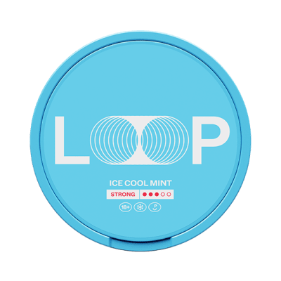 Loop Ice Cool Mint Strong 10-pack – Tobaksfria nikotinpåsar med frisk mint- och mentolsmak i blåvit design.