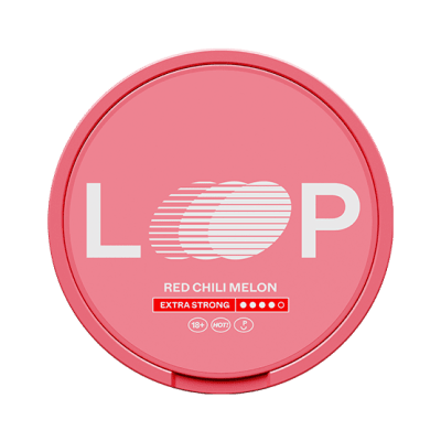 Loop Red Chili Melon Extra Strong 10-pack – Tobaksfria nikotinpåsar med smak av söt melon och chili i röd och vit design.
