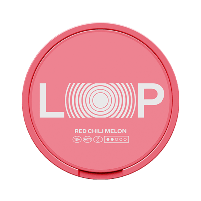 Loop Red Chili Melon Medium 10-pack – Tobaksfria nikotinpåsar med smak av söt melon och lätt chili i rödvit design.